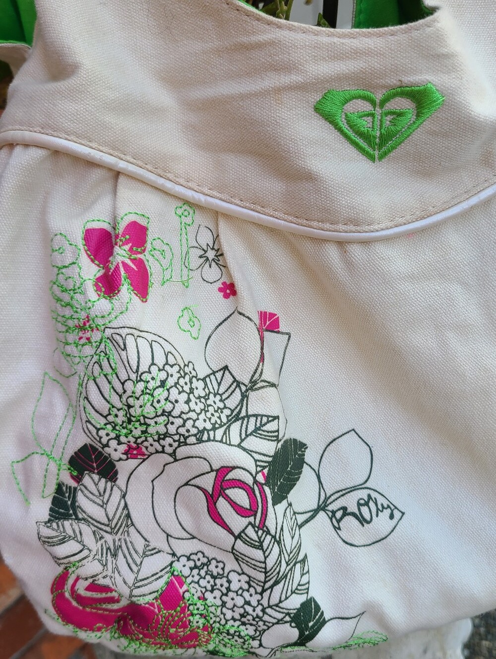 Vintage Roxy Purse Tote Bag Y2K Green Pink Embroidery saddlebag purse Floral Pri - Picture 4 of 7